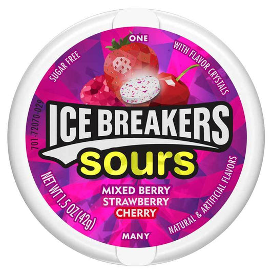 Ice Breakers Sours Dose – Mixed Berry, Strawberry und Cherry Geschmacksrichtung in runder weißer Box