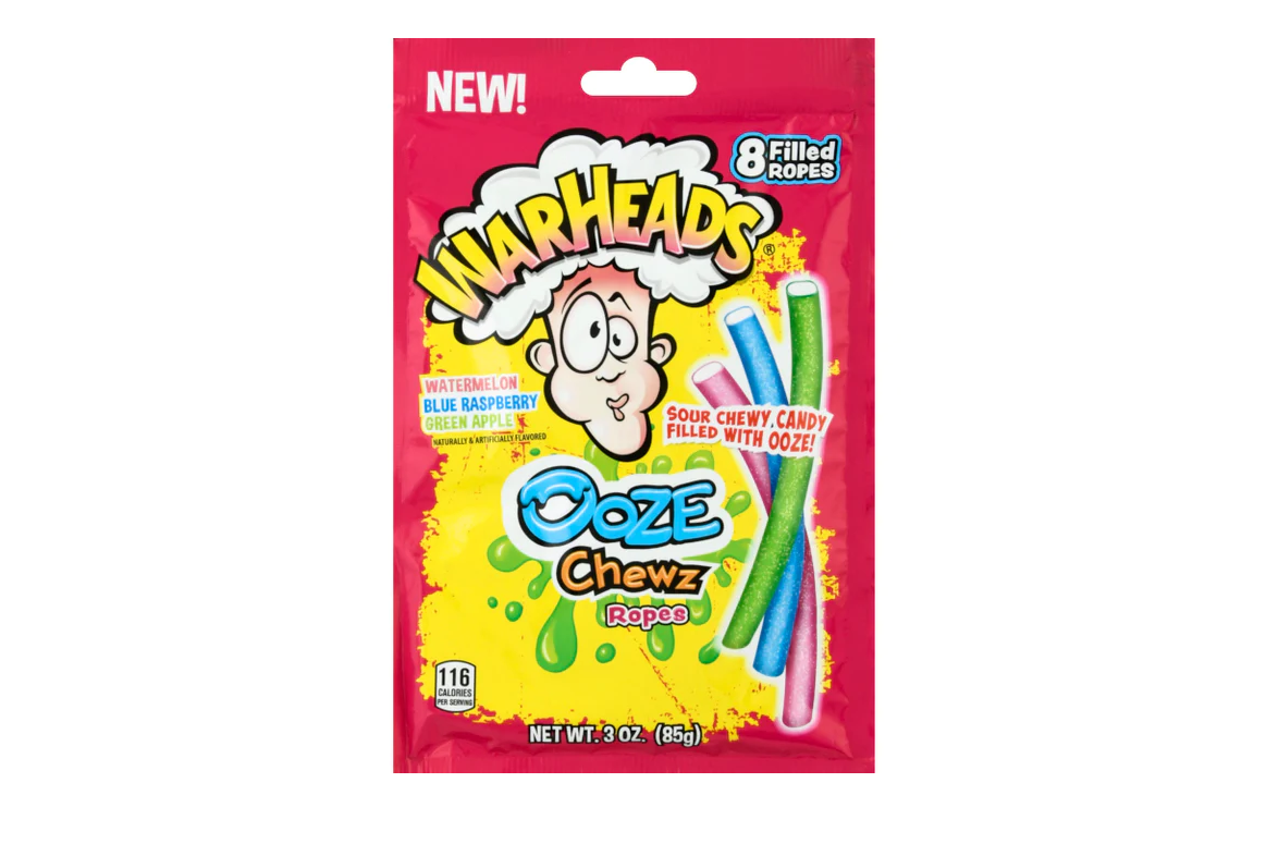 Warheads Ooze Chewz Ropes 85g – saure Kaubonbon-Stripes mit Füllung